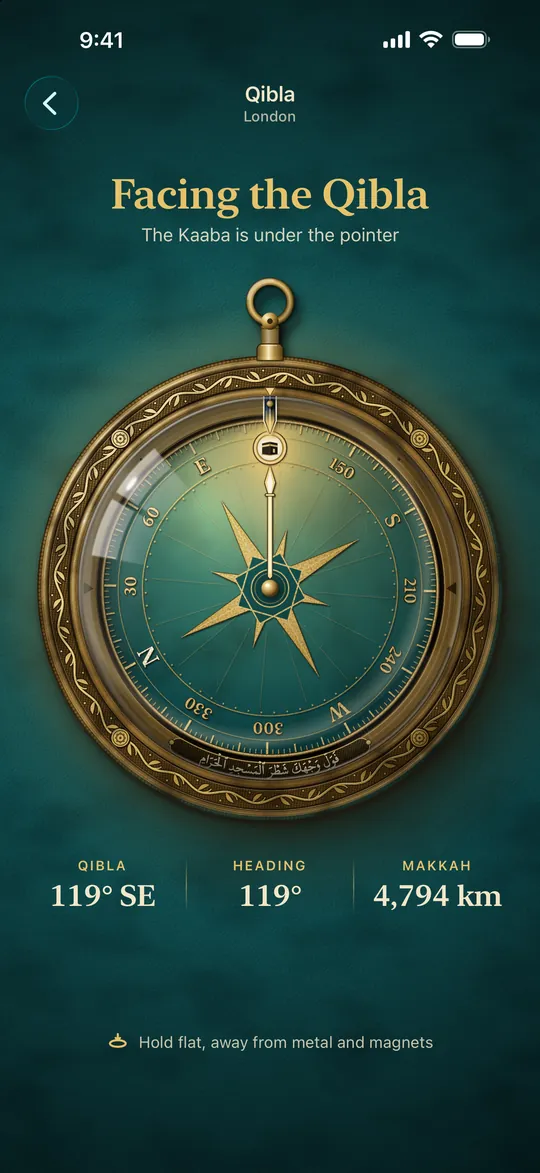The Qibla compass, a brass qiblanüma, pointing 119 degrees south-east from London.