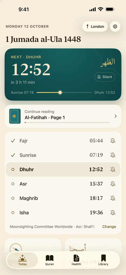 Today in London: the Hijri date, the next prayer, Dhuhr, with a countdown, Continue reading, and the day’s prayer times.